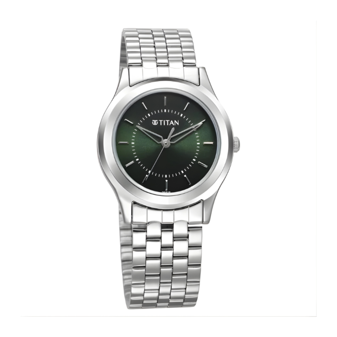 Titan 1648SM01 | Titan Karishma Zing Quartz Analog Green Dial Silver Stainless Steel Strap Watch For Men - 35 mm Dial Size - Small Dial