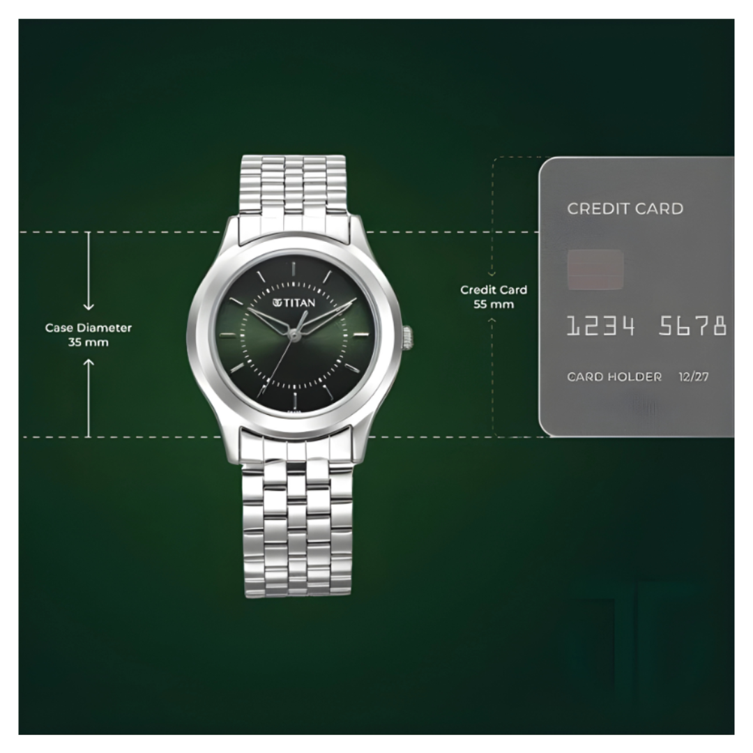 Titan 1648SM01 | Titan Karishma Zing Quartz Analog Green Dial Silver Stainless Steel Strap Watch For Men - 35 mm Dial Size - Small Dial