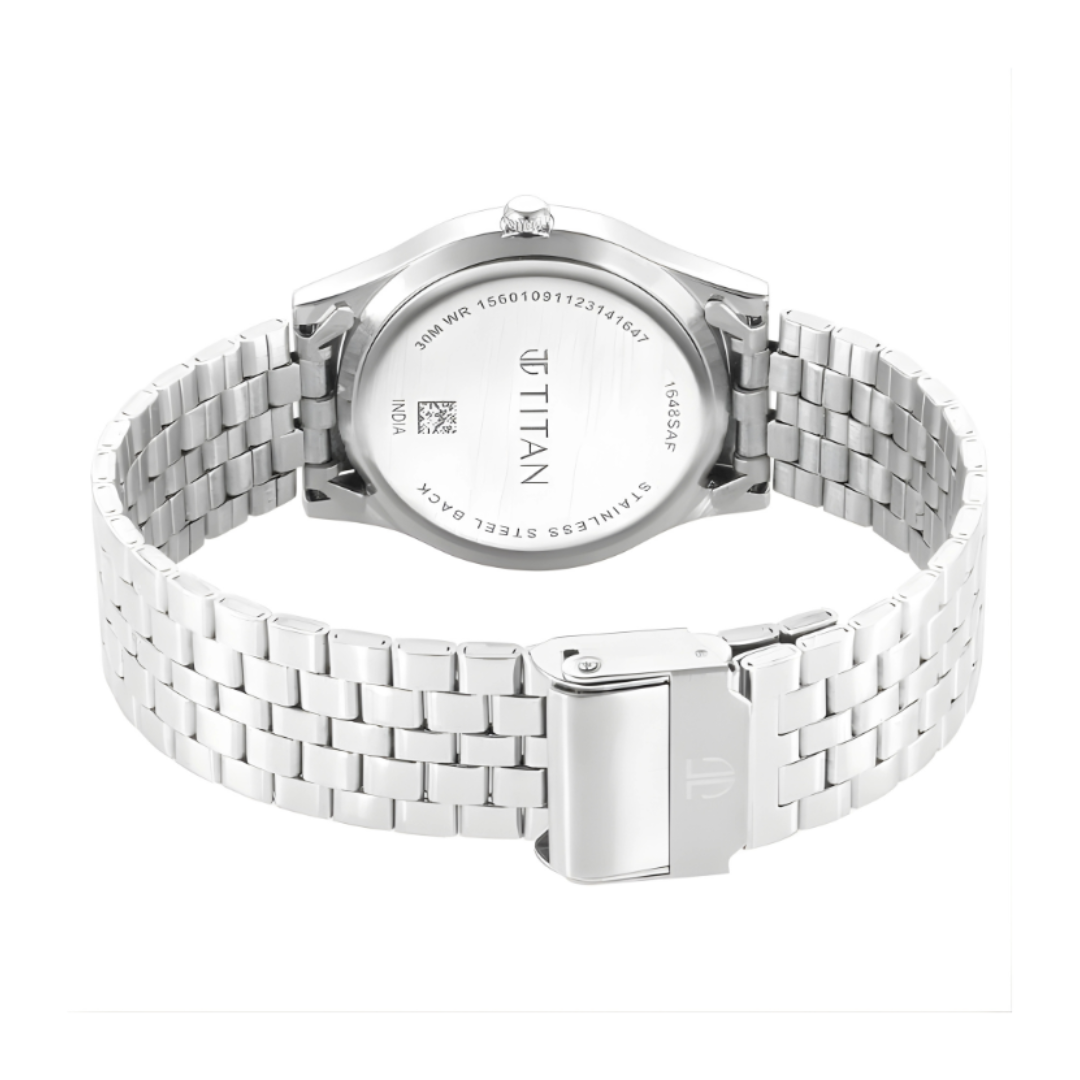 Titan 1648SM01 | Titan Karishma Zing Quartz Analog Green Dial Silver Stainless Steel Strap Watch For Men - 35 mm Dial Size - Small Dial
