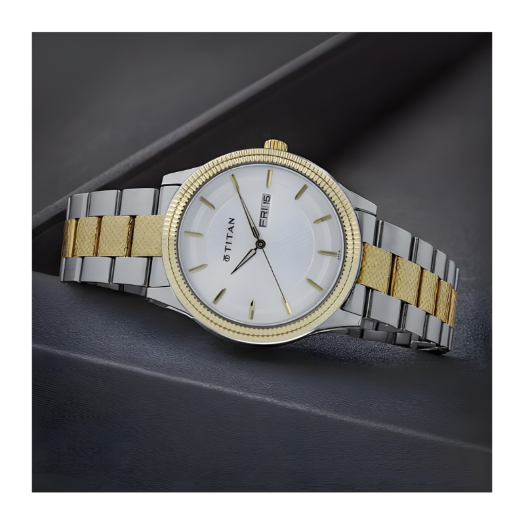 Titan 1650BM03 | Titan Quartz Analog with Day and Date Silver Dial Two Toned Stainless Steel Strap Watch For Men