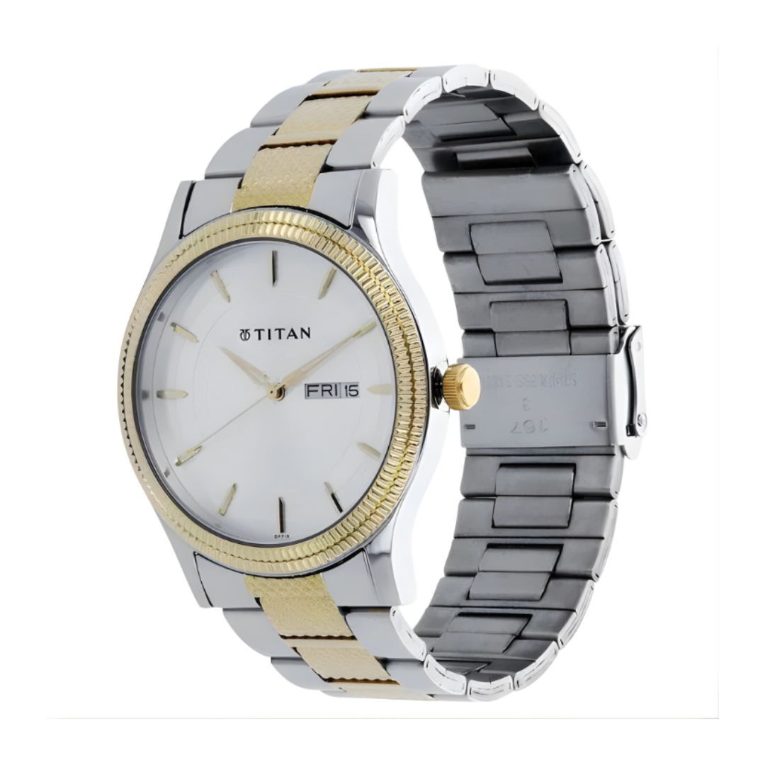 Titan 1650BM03 | Titan Quartz Analog with Day and Date Silver Dial Two Toned Stainless Steel Strap Watch For Men