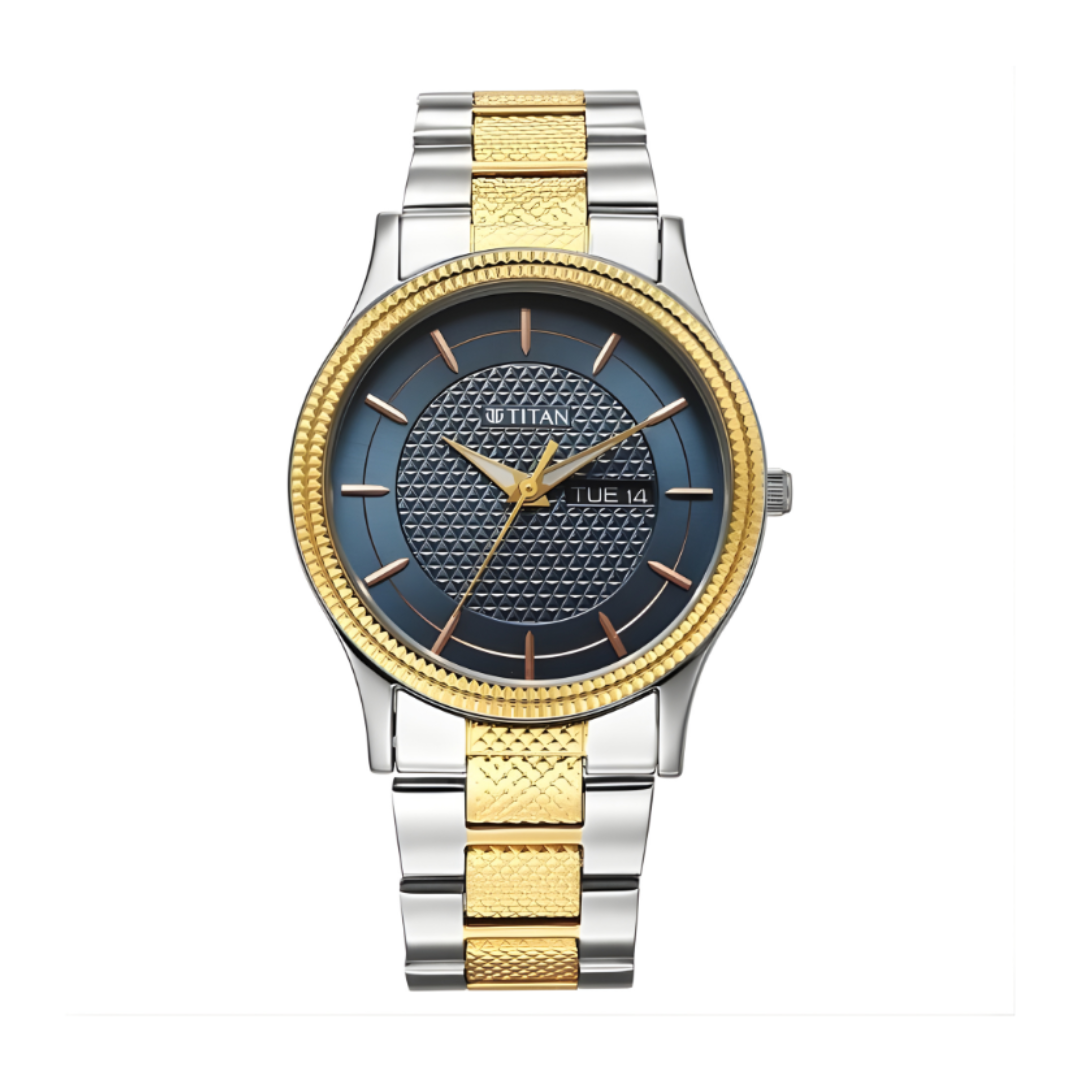 Titan 1650BM05 | Titan Karishma Wedding Edit Quartz Analog with Day and Date Blue Dial Stainless Steel Strap Watch For Men