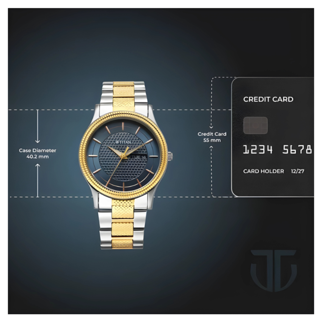 Titan 1650BM05 | Titan Karishma Wedding Edit Quartz Analog with Day and Date Blue Dial Stainless Steel Strap Watch For Men