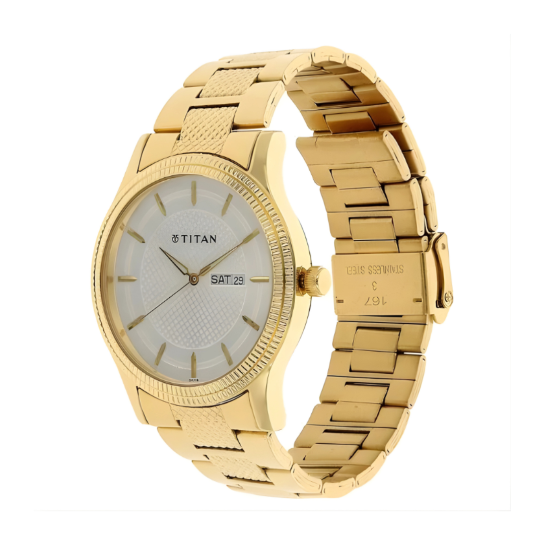 Titan 1650YM05 | Titan Quartz Analog with Day and Date Silver Dial Golden Stainless Steel Strap Watch For Men
