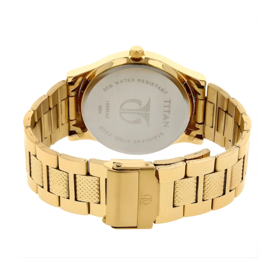 Titan 1650YM05 | Titan Quartz Analog with Day and Date Silver Dial Golden Stainless Steel Strap Watch For Men
