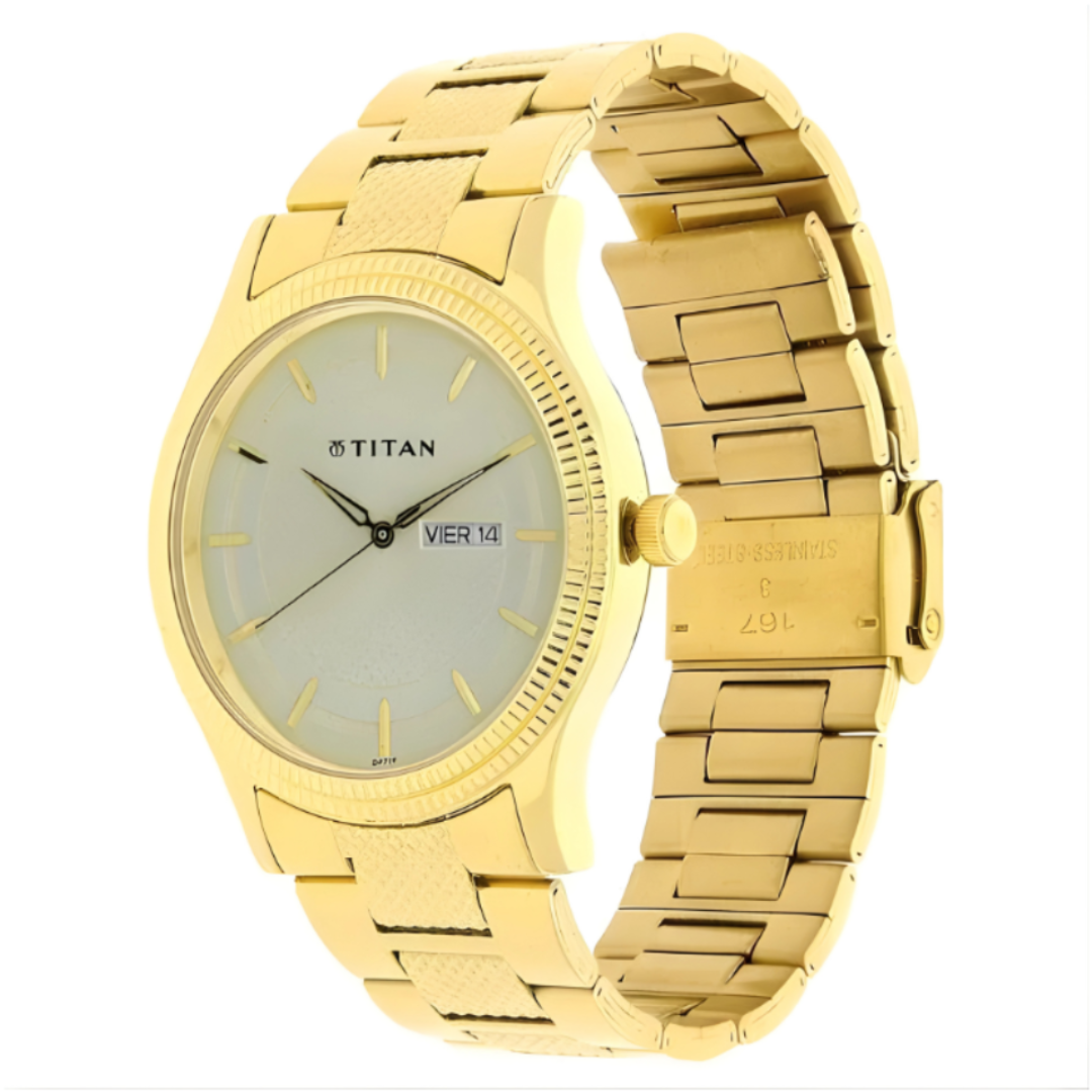 Titan 1650YM06 | Titan Analog with Day and Date Quartz Champagne Dial Metal Round Stainless Steel Strap watch for Men