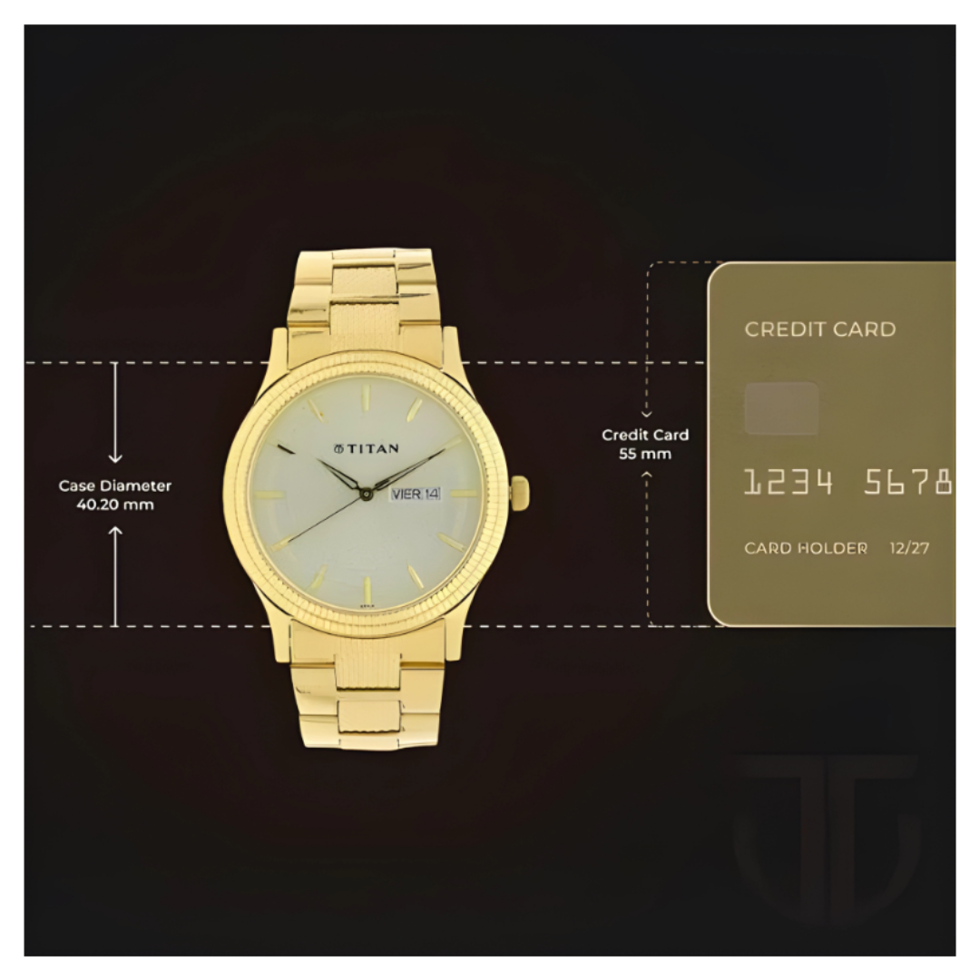 Titan 1650YM06 | Titan Analog with Day and Date Quartz Champagne Dial Metal Round Stainless Steel Strap watch for Men