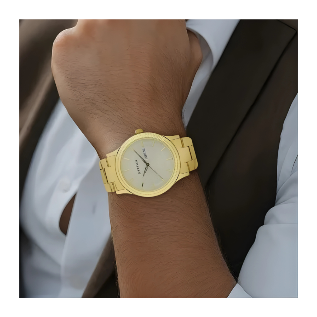 Titan 1650YM06 | Titan Analog with Day and Date Quartz Champagne Dial Metal Round Stainless Steel Strap watch for Men