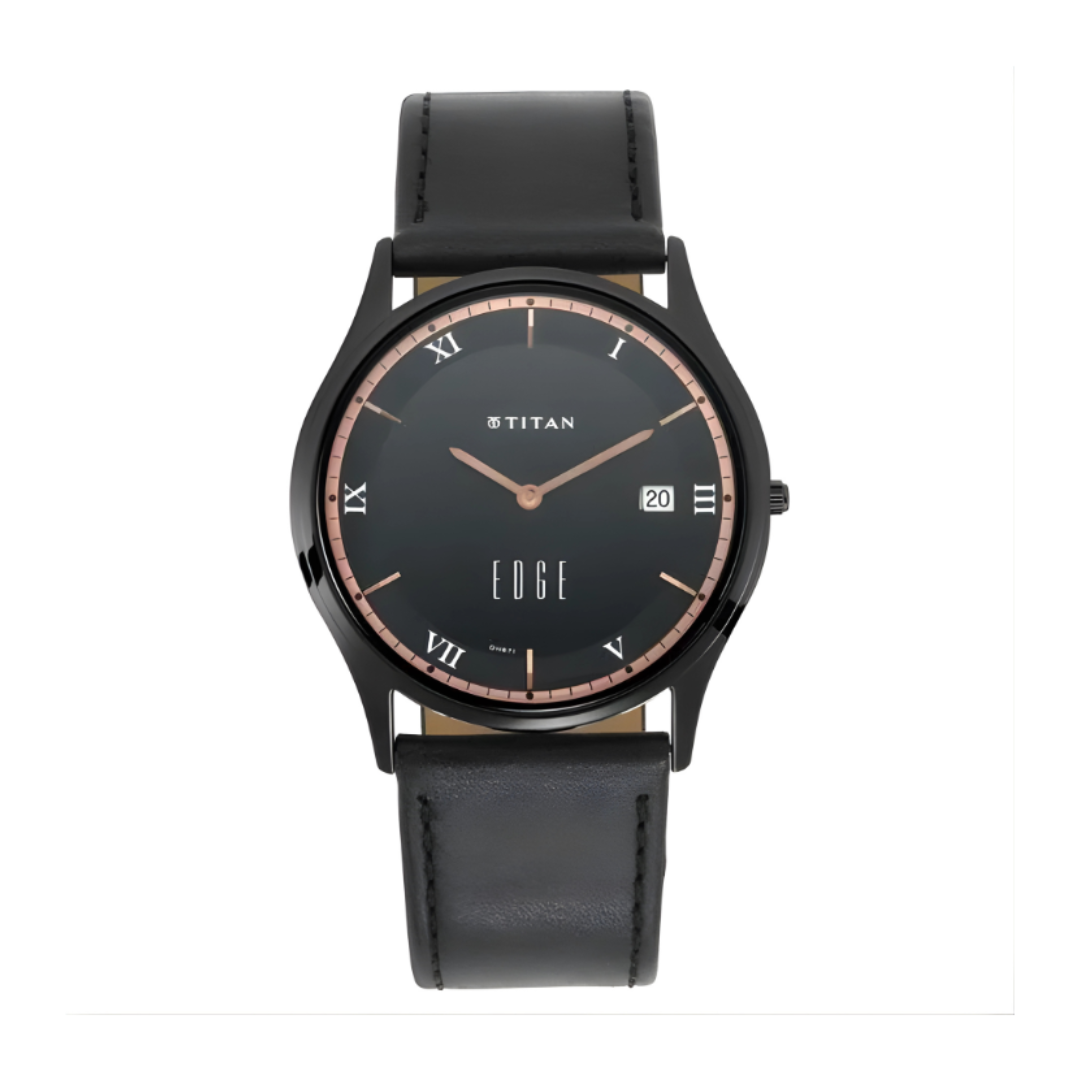 Titan 1683NL02 | Titan Edge Black Dial Analog with Date Leather Strap watch for Men