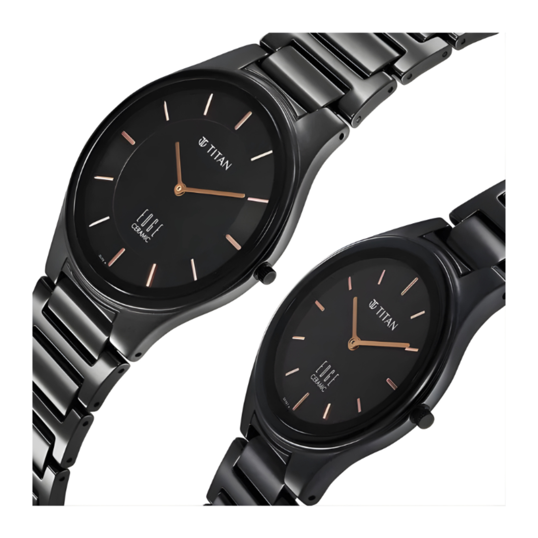 Titan 16962653NC01 | Titan Edge Pair Black Dial Analog Ceramic Strap watch for Couple