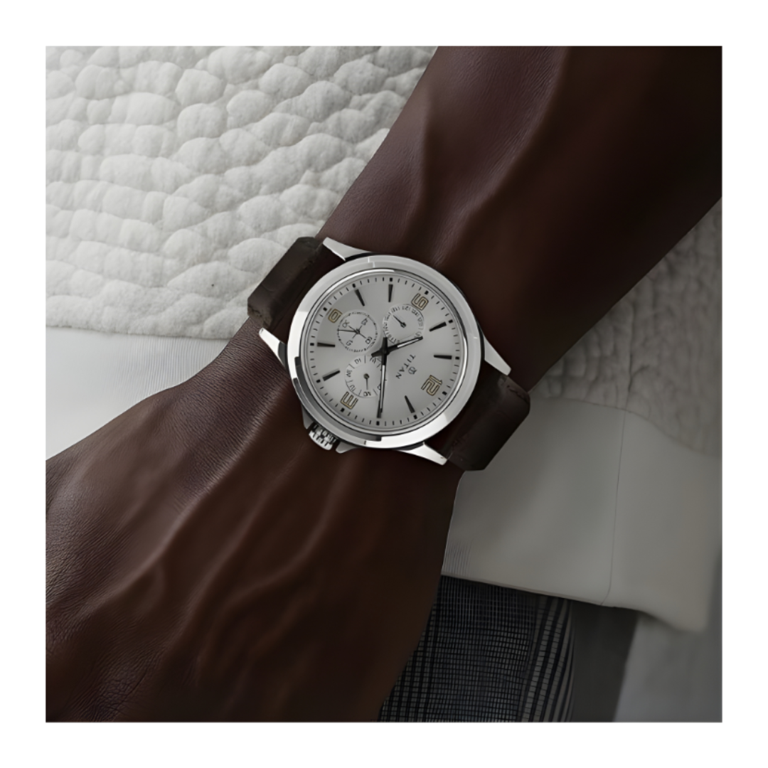 Titan 1698SL01 | Titan Quartz Multifunction Silver Dial Leather Strap Watch for Men