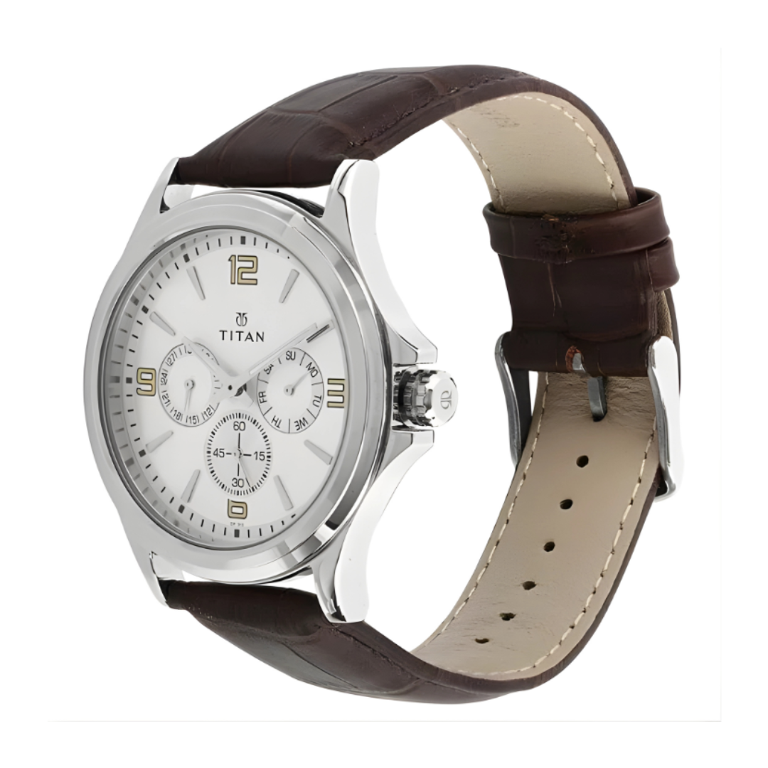 Titan 1698SL01 | Titan Quartz Multifunction Silver Dial Leather Strap Watch for Men