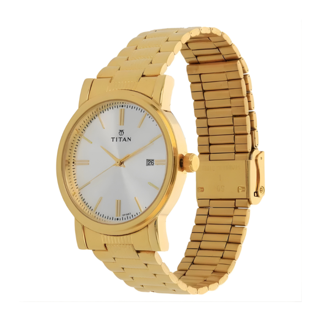 Titan 1712YM02 | Titan Quartz Analog with Date Silver Dial Golden Stainless Steel Strap Watch For Men