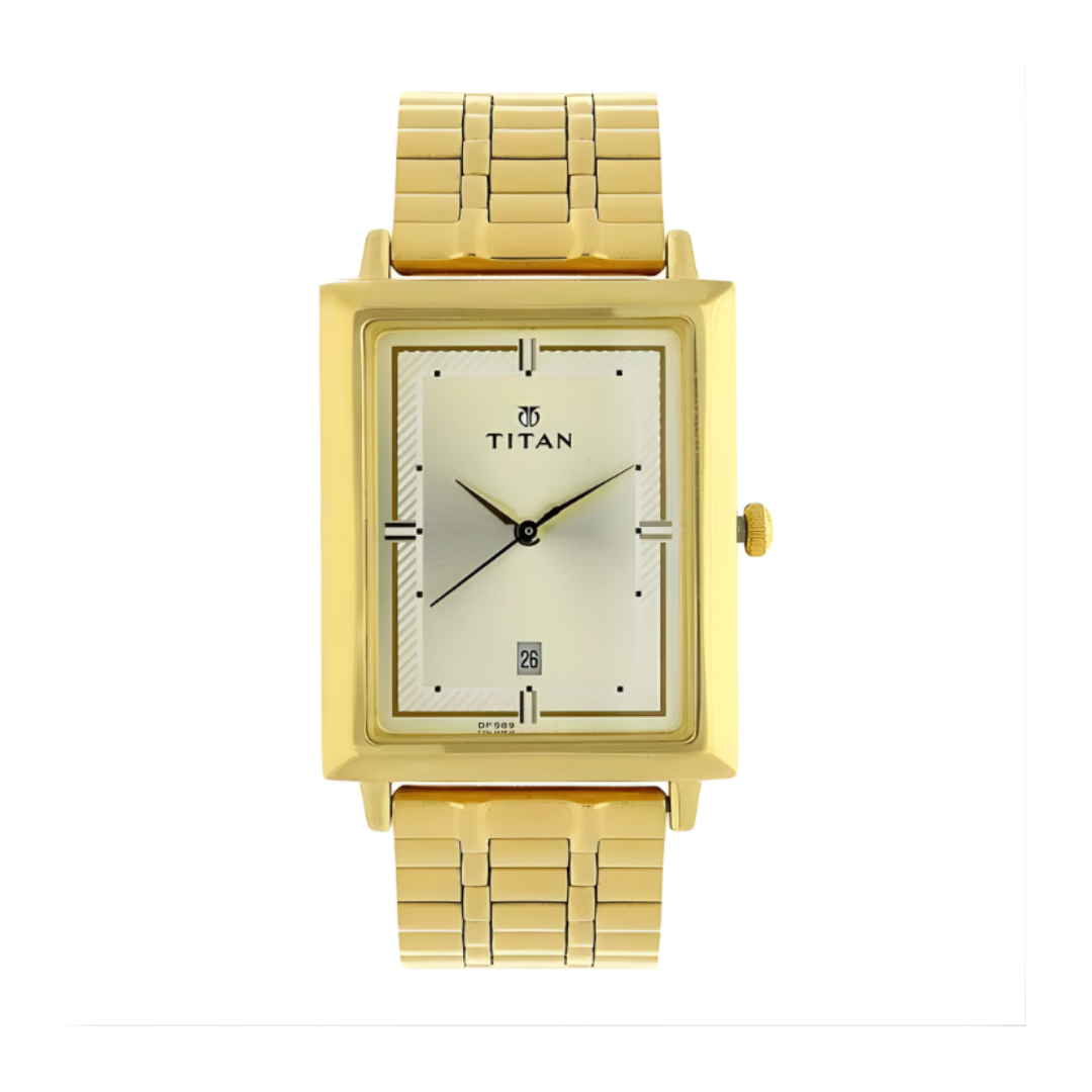 Titan 1715YM02 | Titan Quartz Analog with Date Champagne Dial Golden Stainless Steel Strap Rectangular Shaped Watch For Men