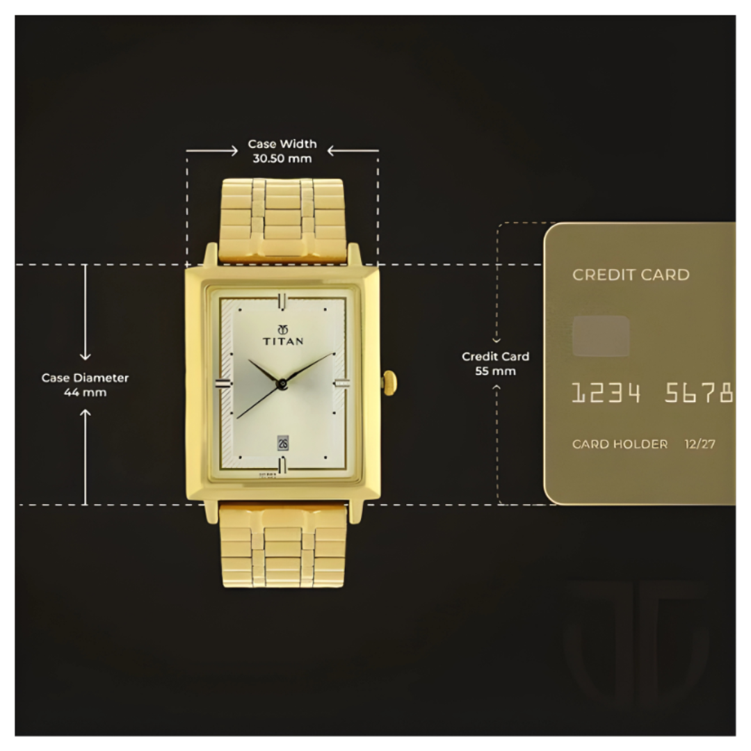 Titan 1715YM02 | Titan Quartz Analog with Date Champagne Dial Golden Stainless Steel Strap Rectangular Shaped Watch For Men
