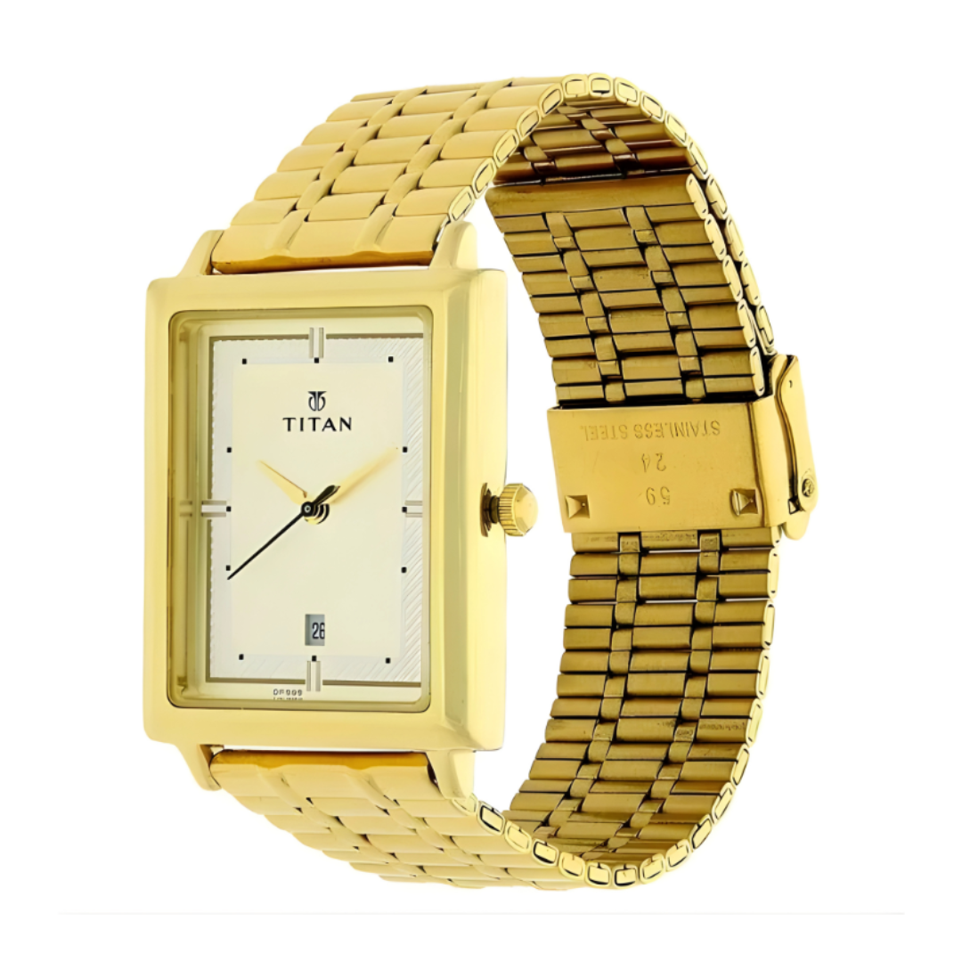 Titan 1715YM02 | Titan Quartz Analog with Date Champagne Dial Golden Stainless Steel Strap Rectangular Shaped Watch For Men