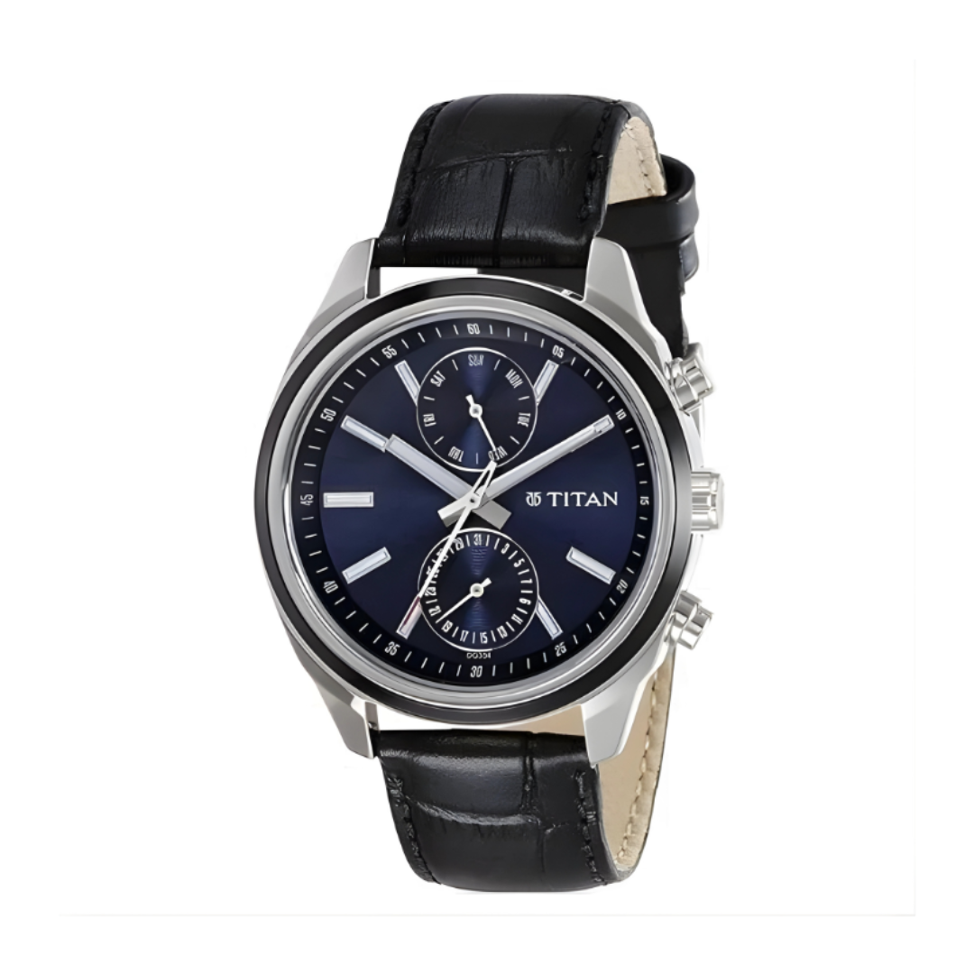 Titan 1733KL01 | Titan Men's Midnight Precision: Multifunction Blue Dial with Classic Leather Strap Watch
