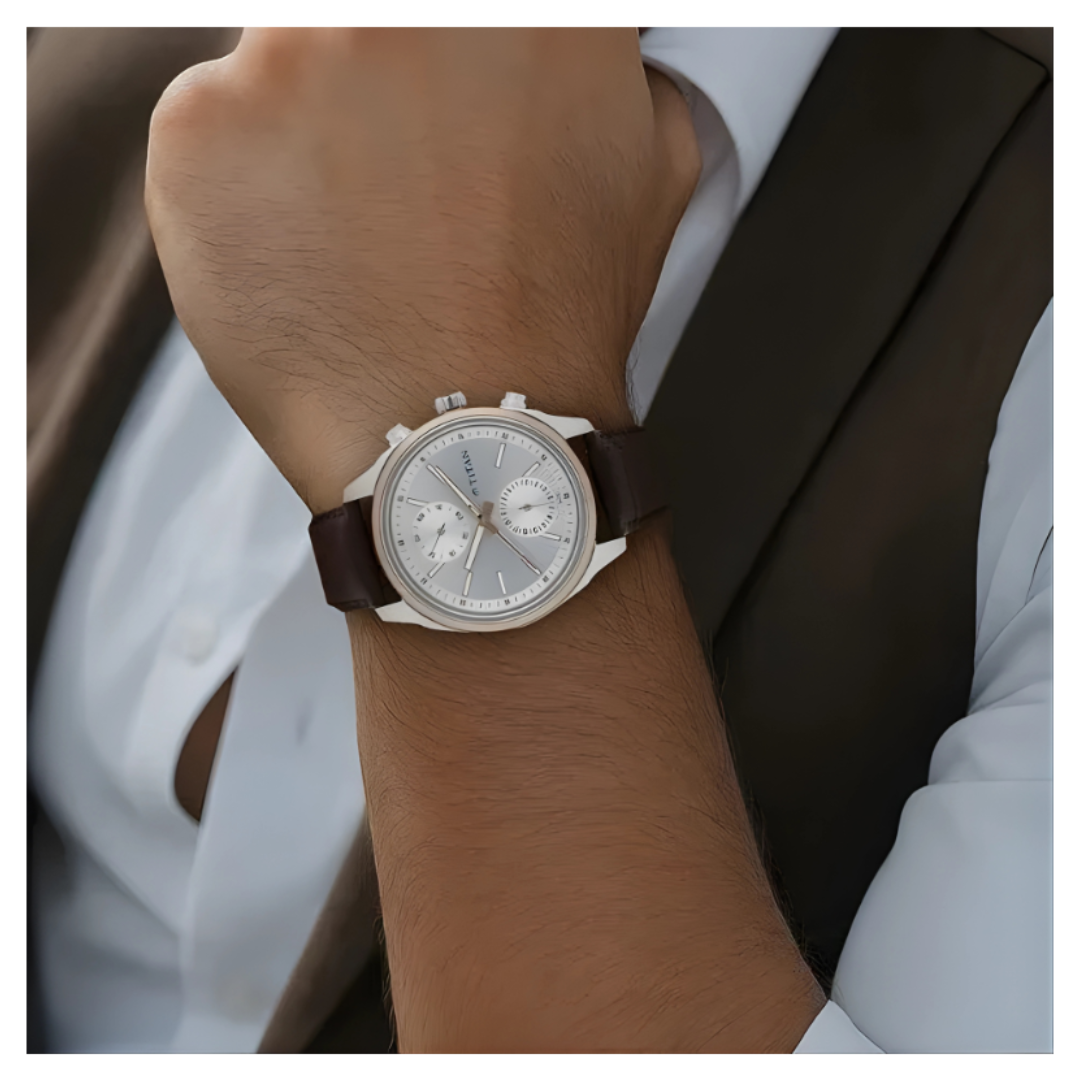 Titan 1733KL02 | Titan Quartz Multifunction Silver Dial Leather Strap Watch for Men