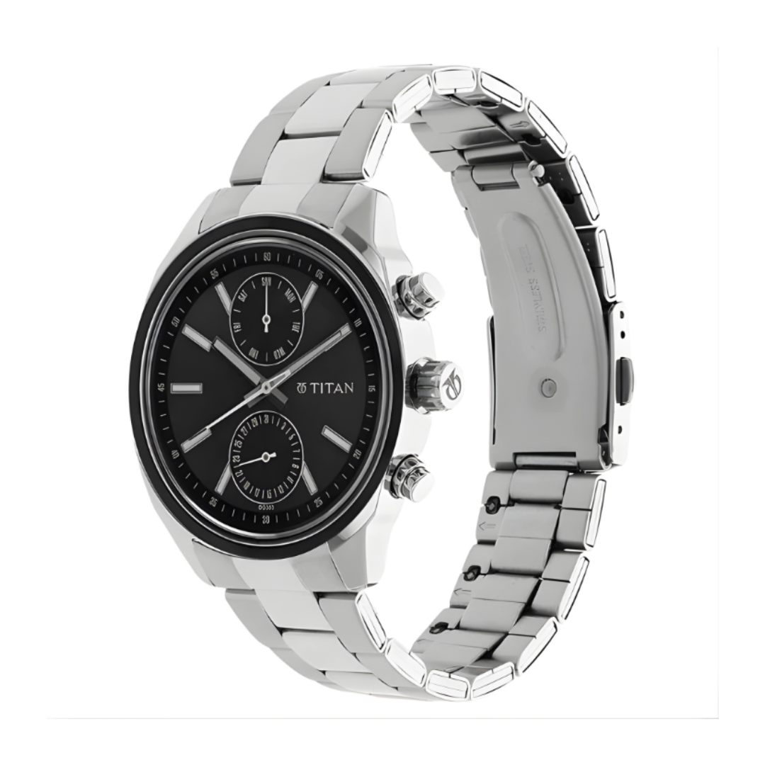 Titan 1733KM01 | Titan Men's Metropolitan Luxe: Multifunction dark grey Dial with Two-Tone Stainless Steel Bracelet Watch