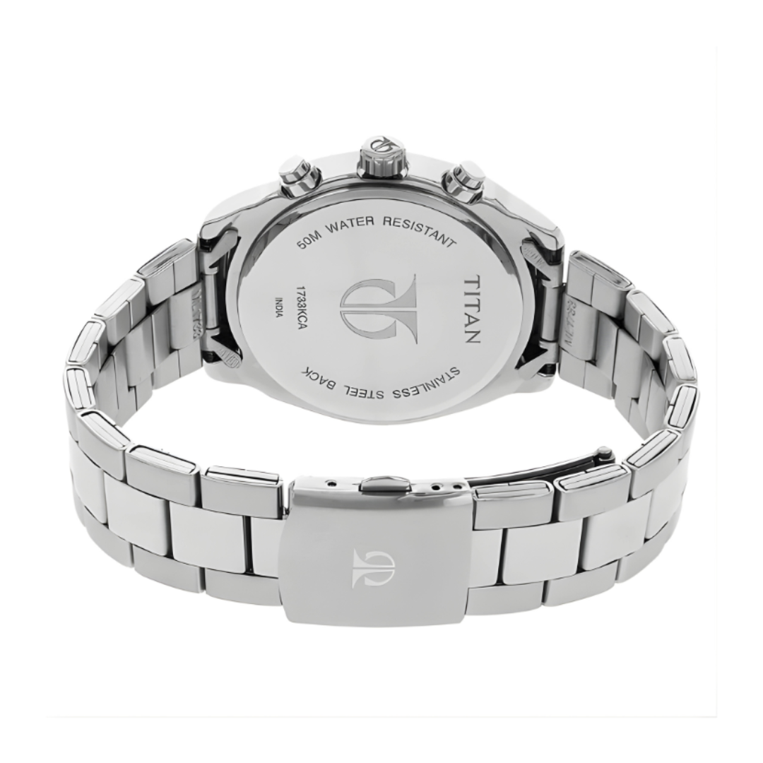 Titan 1733KM01 | Titan Men's Metropolitan Luxe: Multifunction dark grey Dial with Two-Tone Stainless Steel Bracelet Watch