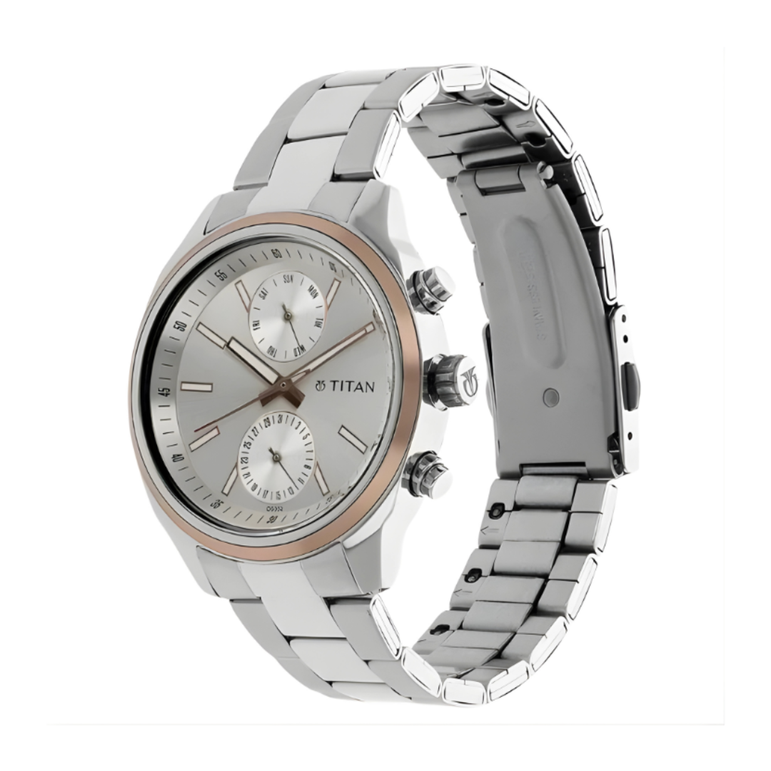 Titan 1733KM02 | Titan Workwear Quartz Multifunction Silver Dial Stainless Steel Strap Watch for Men