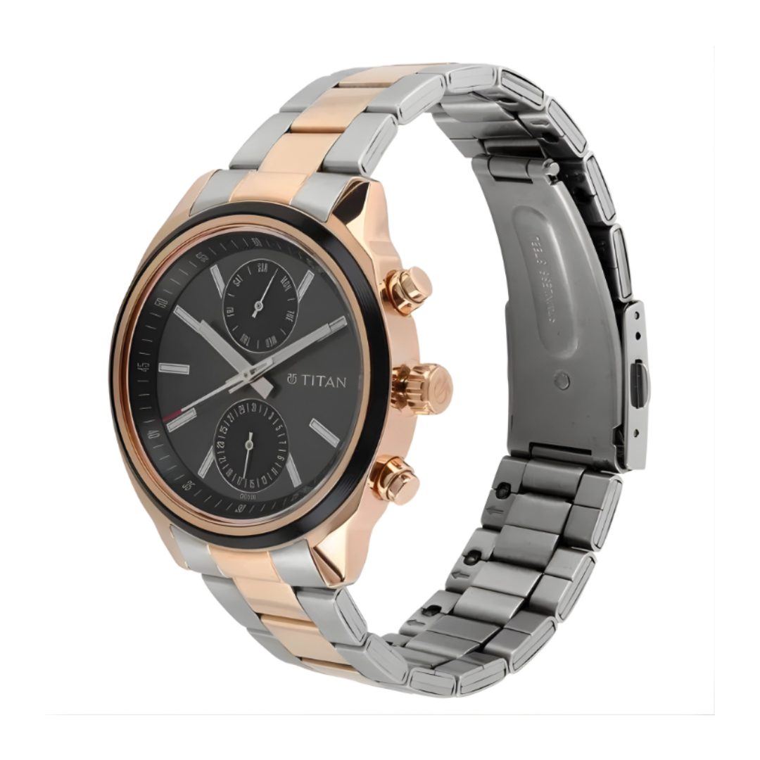 Titan 1733KM03 | Titan Men's Metropolitan Luxe: Multifunction Black Dial with Two-Tone Stainless Steel Bracelet Watch