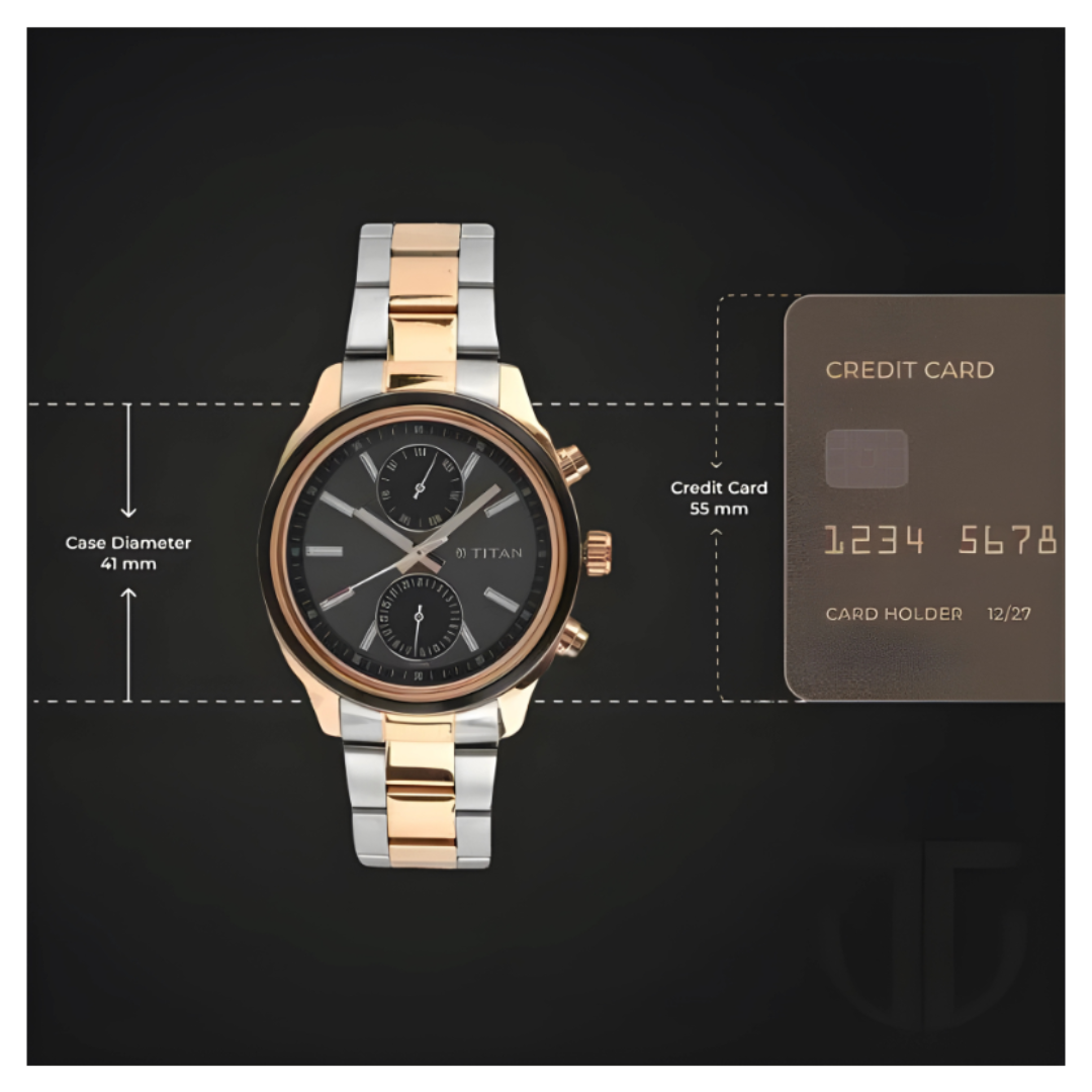 Titan 1733KM03 | Titan Men's Metropolitan Luxe: Multifunction Black Dial with Two-Tone Stainless Steel Bracelet Watch