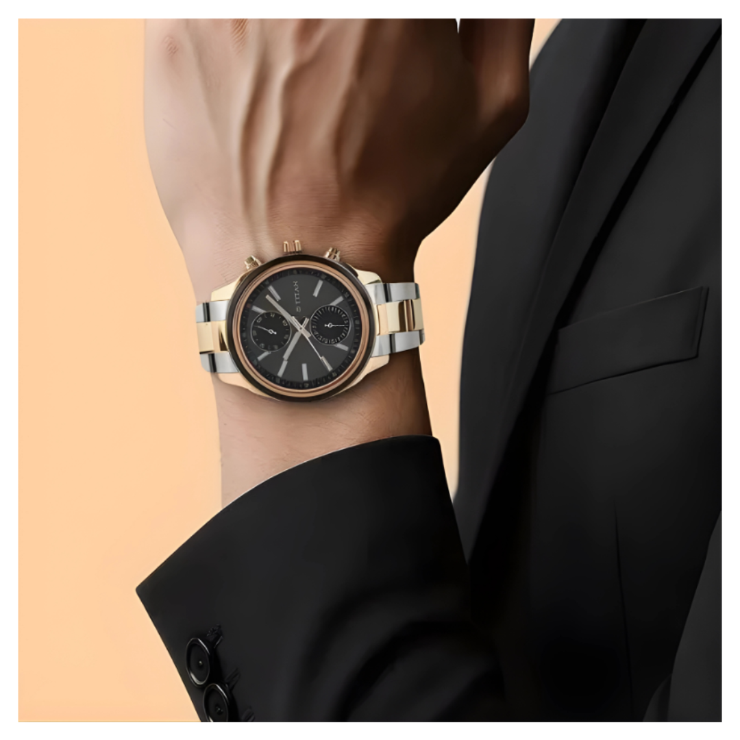 Titan 1733KM03 | Titan Men's Metropolitan Luxe: Multifunction Black Dial with Two-Tone Stainless Steel Bracelet Watch