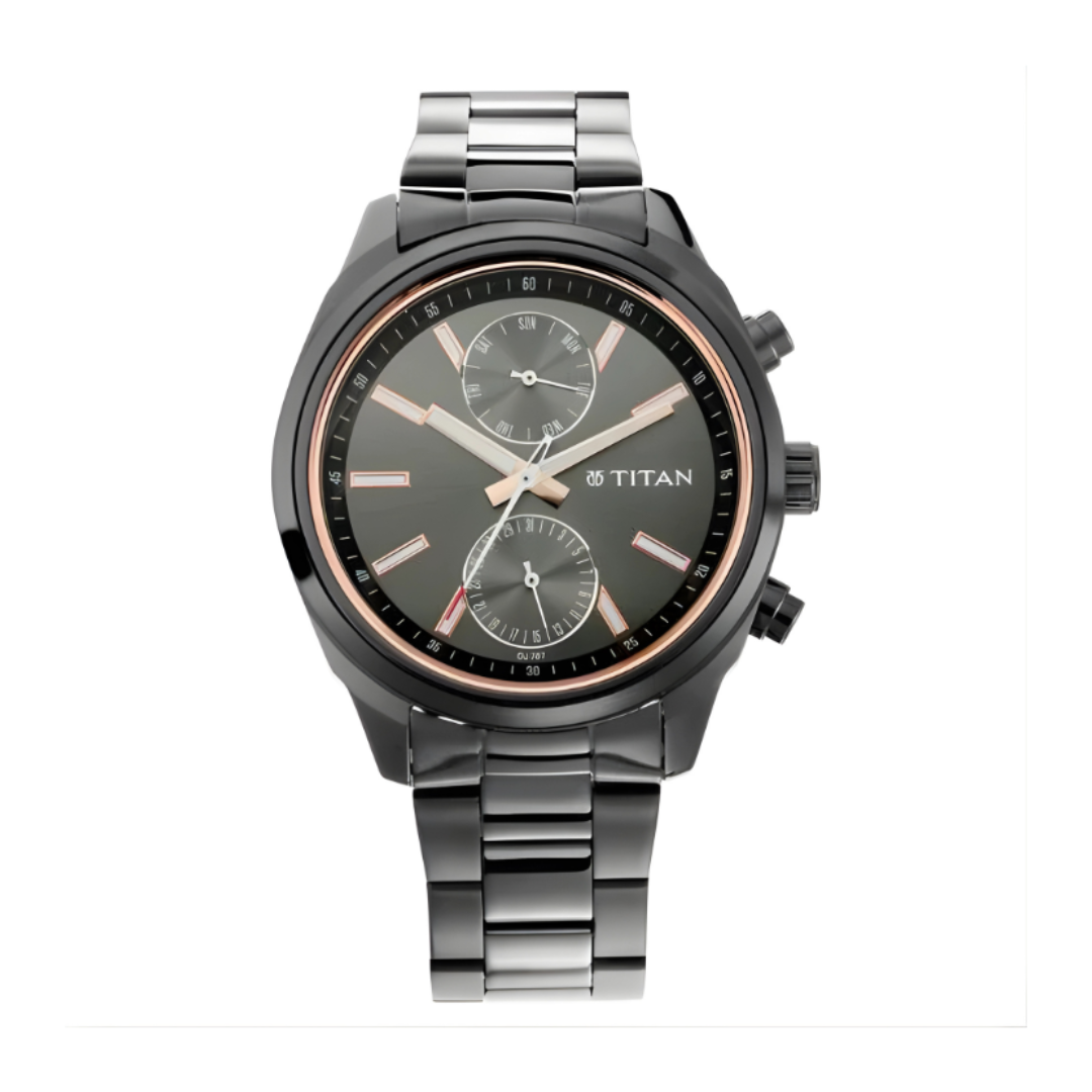 Titan 1733NM01 | Titan Men's Metropolitan Luxe: Multifunction Mono black Dial with Two-Tone Stainless Steel Bracelet Watch