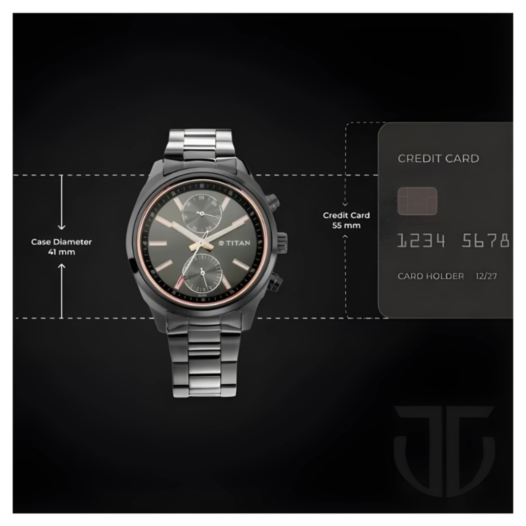 Titan 1733NM01 | Titan Men's Metropolitan Luxe: Multifunction Mono black Dial with Two-Tone Stainless Steel Bracelet Watch