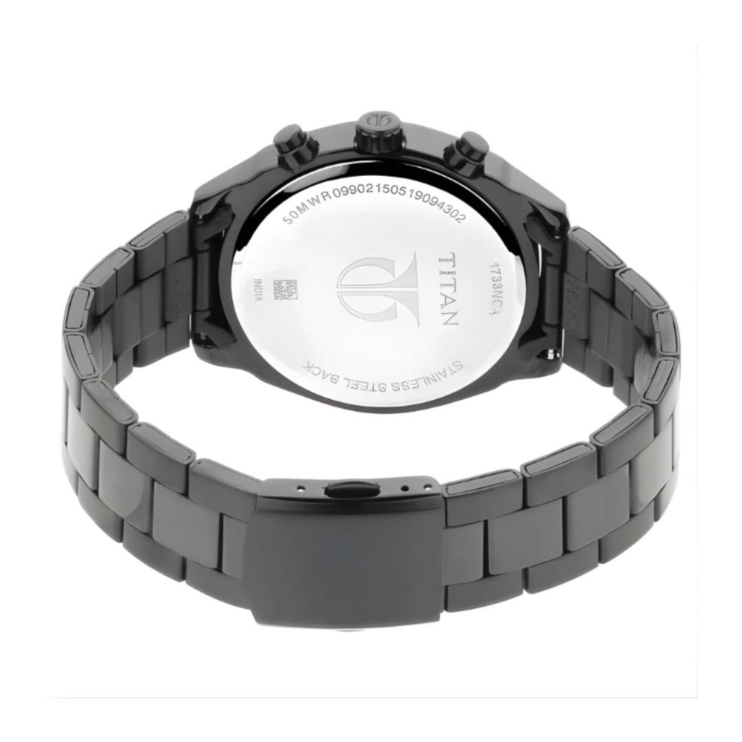 Titan 1733NM01 | Titan Men's Metropolitan Luxe: Multifunction Mono black Dial with Two-Tone Stainless Steel Bracelet Watch