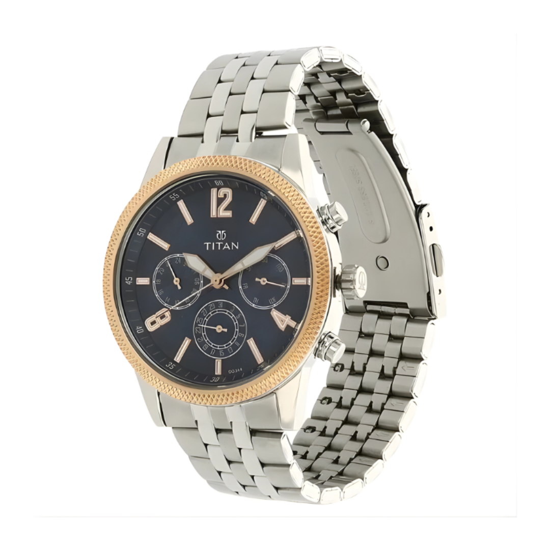 Titan 1734KM01 | Titan Men's Metropolitan Luxe: Multifunction blue Dial with Two-Tone Stainless Steel Bracelet Watch