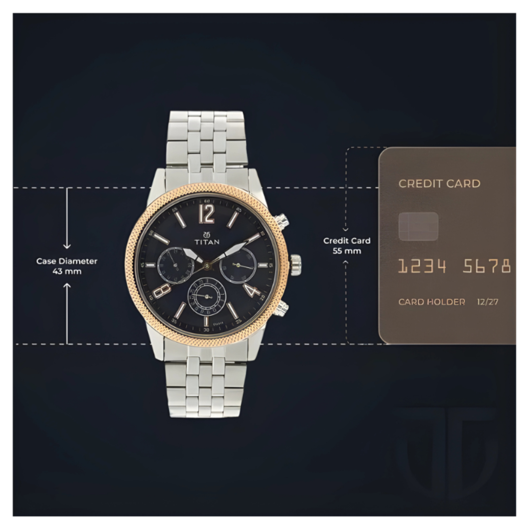 Titan 1734KM01 | Titan Men's Metropolitan Luxe: Multifunction blue Dial with Two-Tone Stainless Steel Bracelet Watch