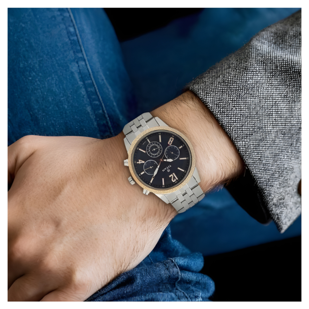 Titan 1734KM01 | Titan Men's Metropolitan Luxe: Multifunction blue Dial with Two-Tone Stainless Steel Bracelet Watch
