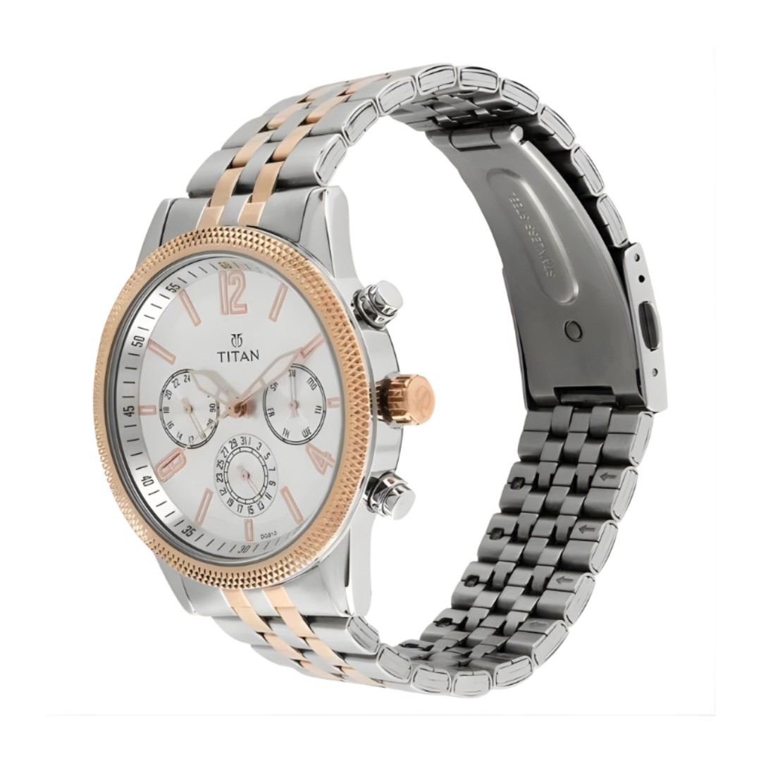 Titan 1734KM02 | Titan Men's Metropolitan Luxe: Multifunction White Dial with Two-Tone Stainless Steel Bracelet Watch