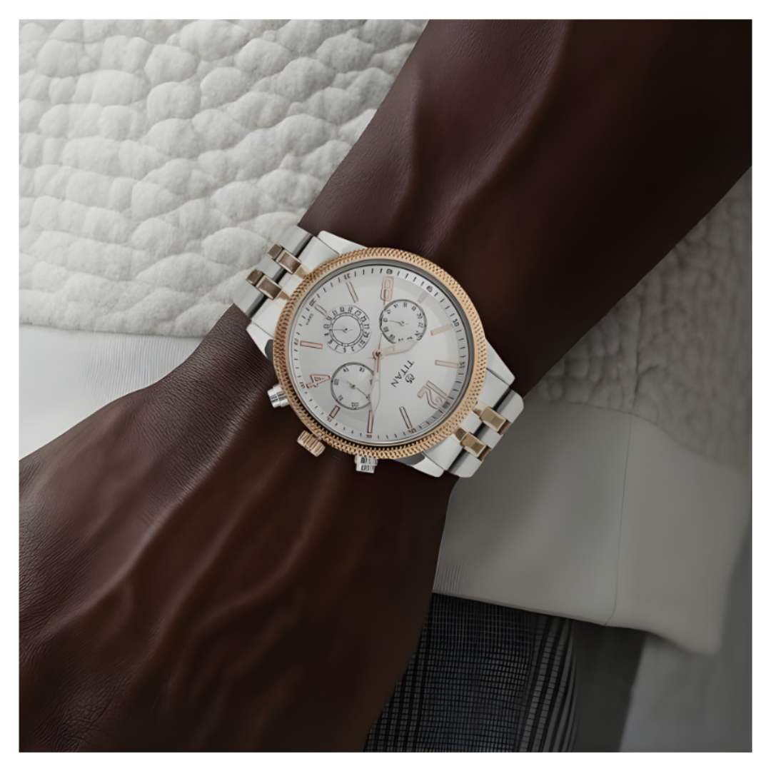 Titan 1734KM02 | Titan Men's Metropolitan Luxe: Multifunction White Dial with Two-Tone Stainless Steel Bracelet Watch