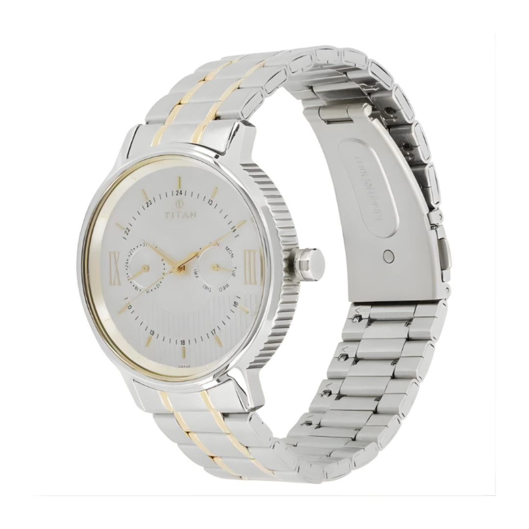 Titan 1743BM01 | Titan Regalia Baron Silver Dial Analog with Day and Date Stainless Steel Strap watch for Men