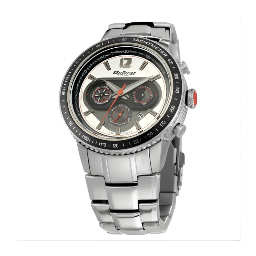 Titan 1762KM01 | Titan Octane Silver Dial Chronograph Metal Strap watch for Men