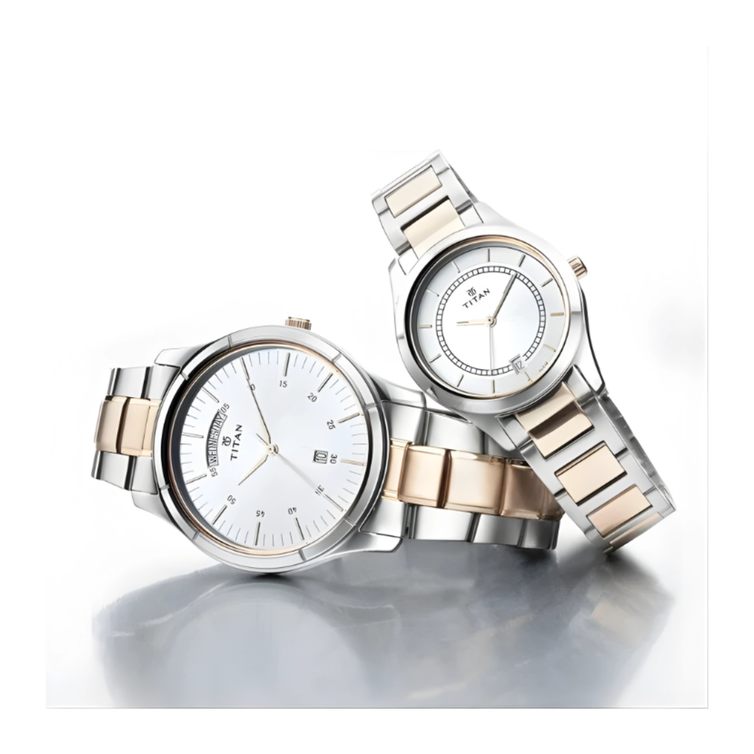 Titan 17672596KM01 | Titan Bandhan Quartz Analog with Day and Date Silver Dial Stainless Steel Strap Watch for Couple