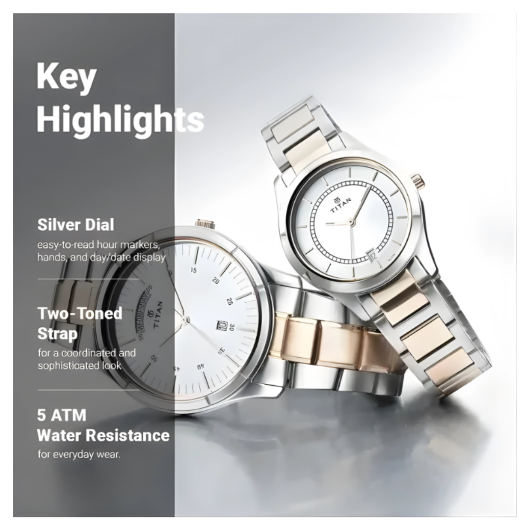 Titan 17672596KM01 | Titan Bandhan Quartz Analog with Day and Date Silver Dial Stainless Steel Strap Watch for Couple