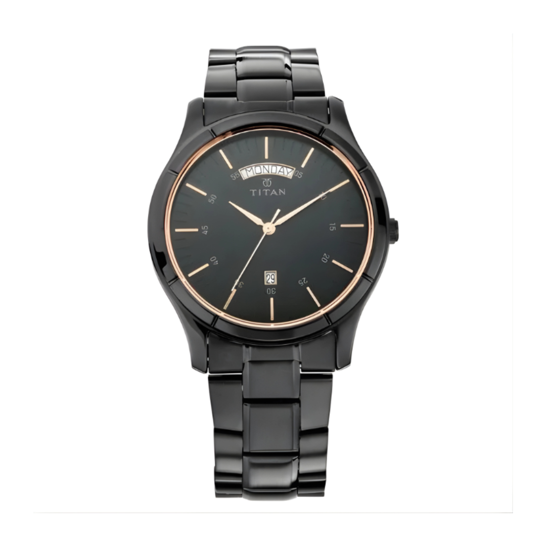 Titan 1767NM01 | Titan Quartz Analog with Day and Date Black Dial Black Stainless Steel Strap Watch For Men