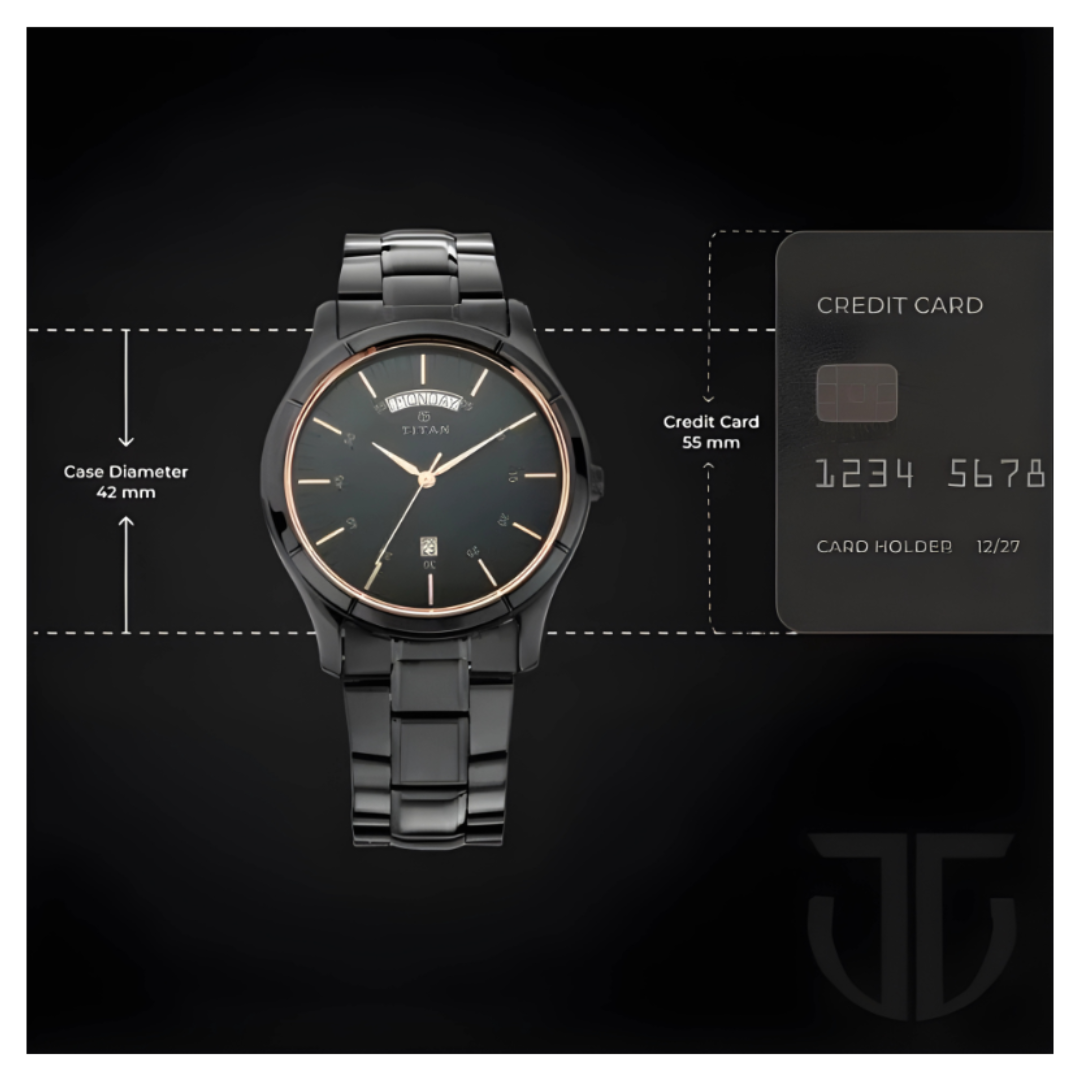 Titan 1767NM01 | Titan Quartz Analog with Day and Date Black Dial Black Stainless Steel Strap Watch For Men