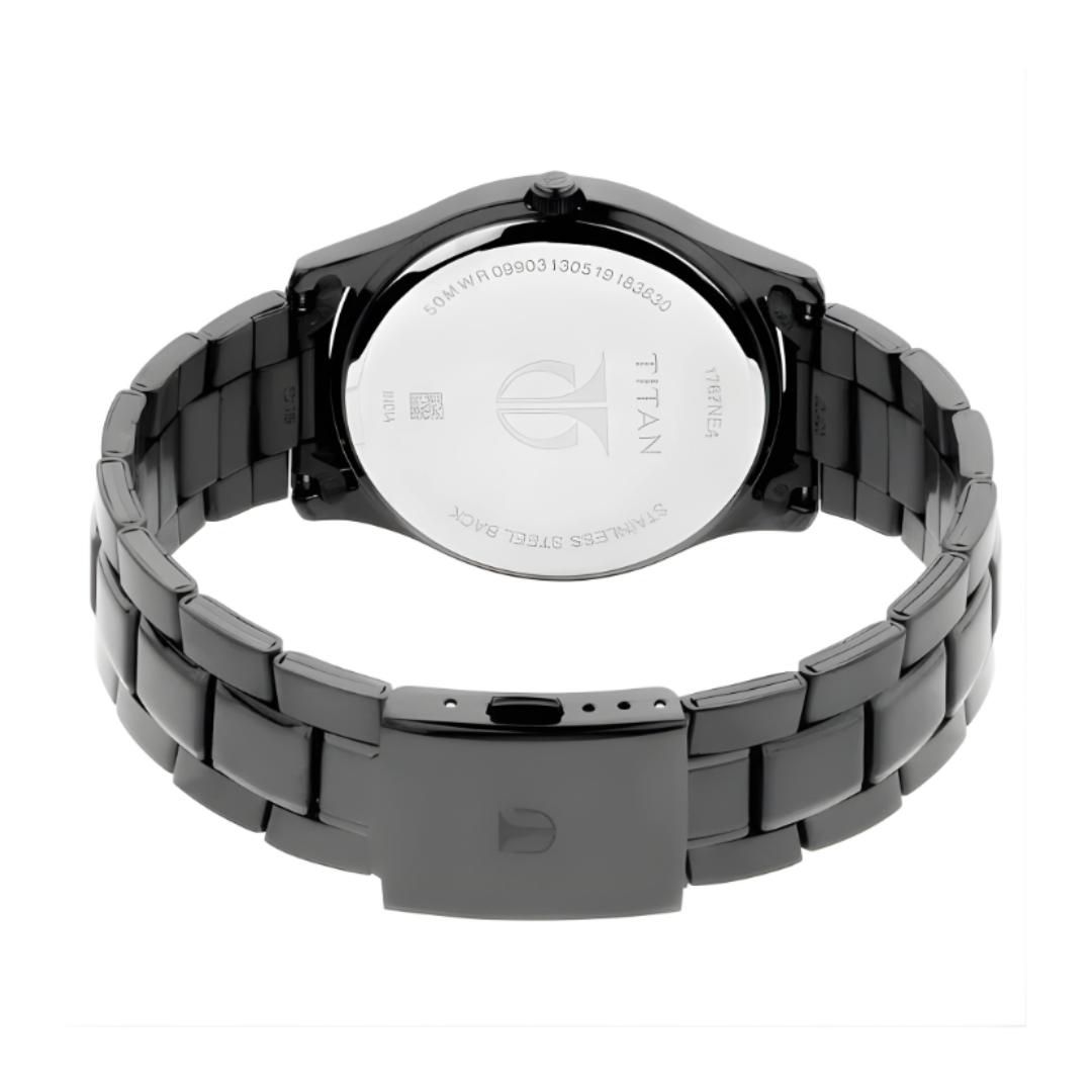 Titan 1767NM01 | Titan Quartz Analog with Day and Date Black Dial Black Stainless Steel Strap Watch For Men