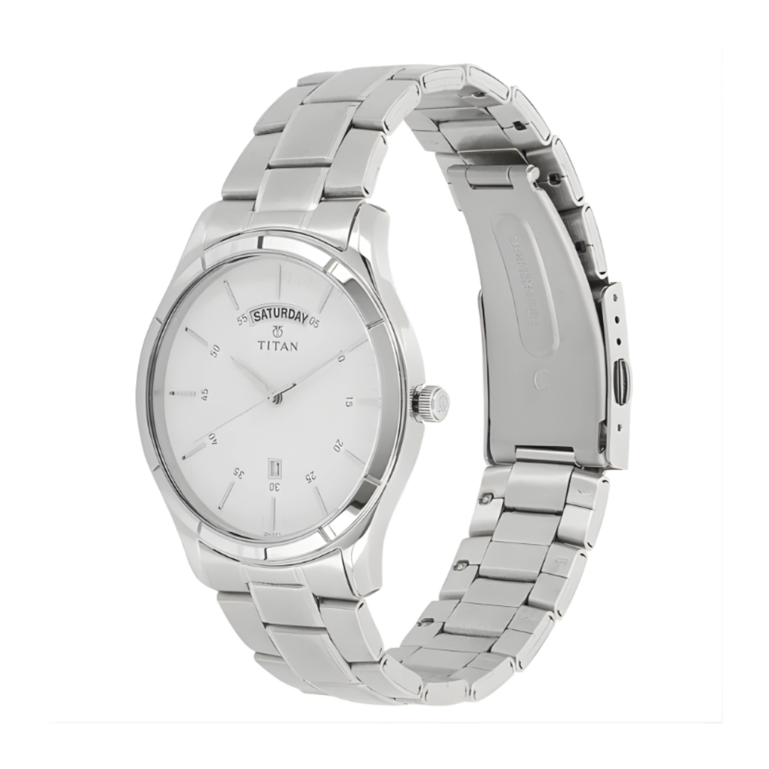 Titan 1767SM01 | Titan Workwear White Dial Analog with Day and Date Stainless Steel Strap watch for Men