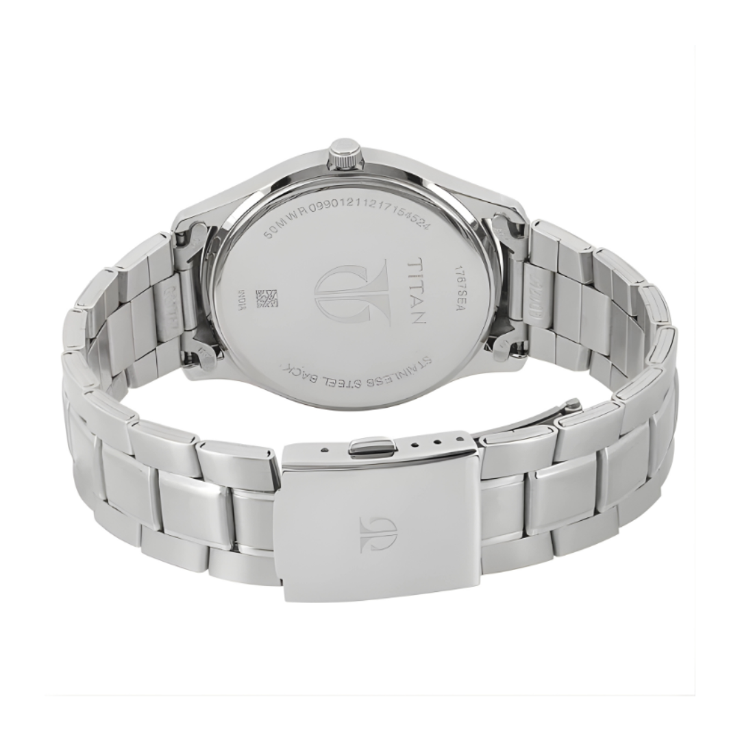 Titan 1767SM01 | Titan Workwear White Dial Analog with Day and Date Stainless Steel Strap watch for Men