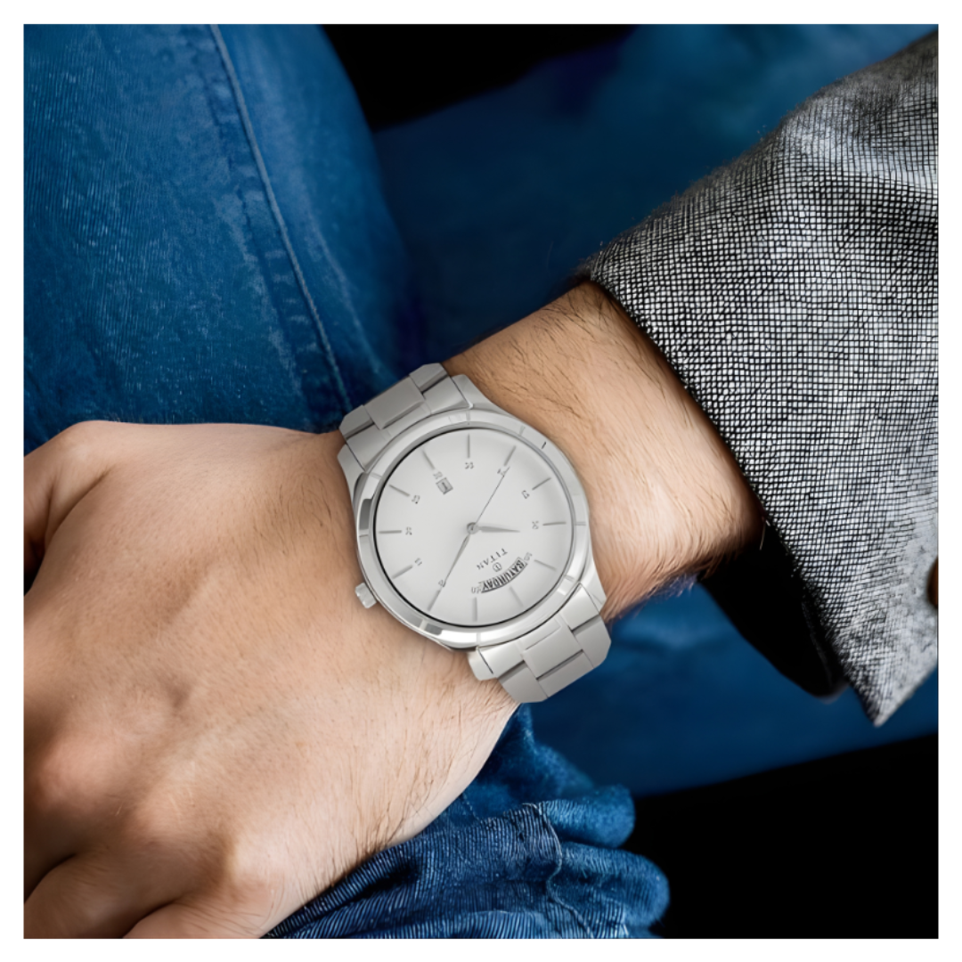 Titan 1767SM01 | Titan Workwear White Dial Analog with Day and Date Stainless Steel Strap watch for Men