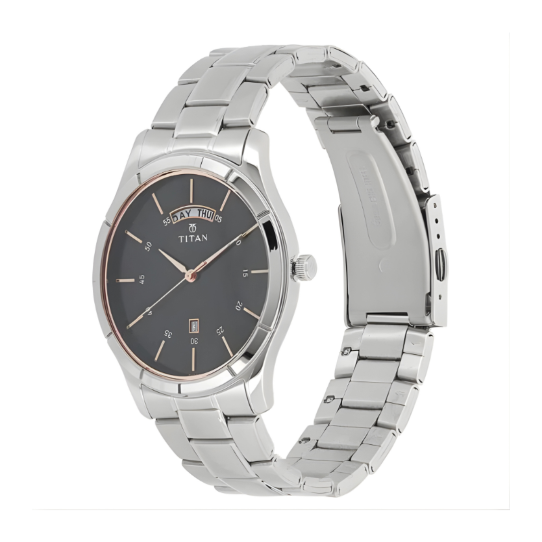 Titan 1767SM02 |Titan Workwear Black Dial Analog with Day and Date Stainless Steel Strap watch for Men