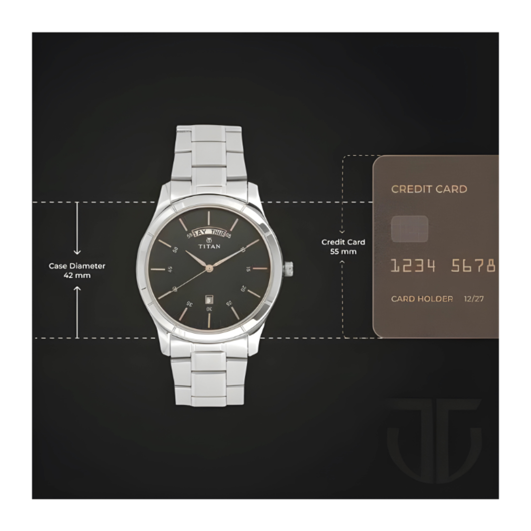 Titan 1767SM02 |Titan Workwear Black Dial Analog with Day and Date Stainless Steel Strap watch for Men