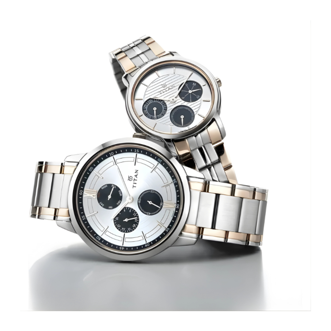 Titan 17692589KM01P | Titan Bandhan Silver Dial Quartz Multifunction Stainless Steel Strap watch for Couple