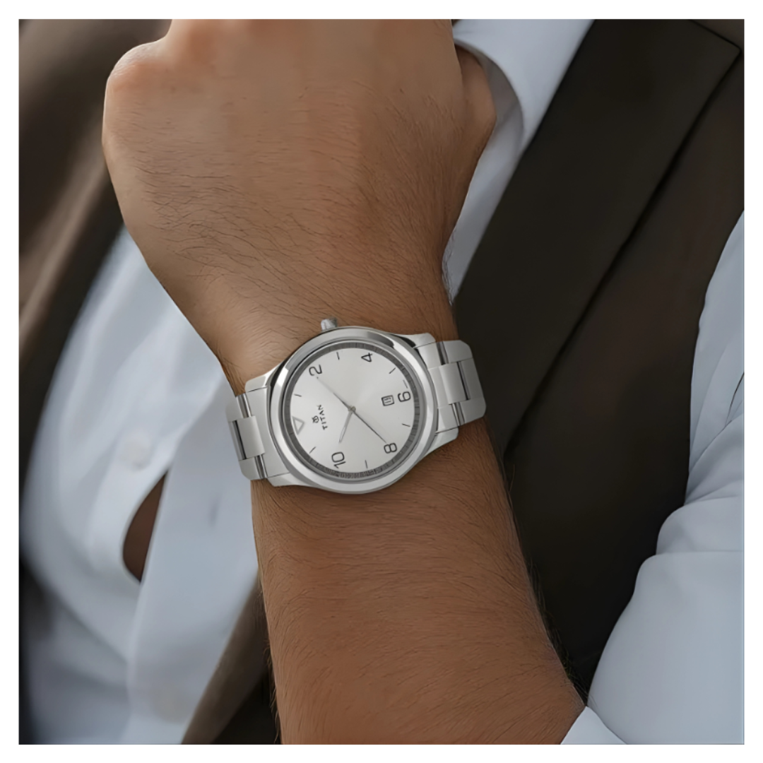 Titan 1770SM01 | Titan Workwear White Dial Analog with Date Stainless Steel Strap watch for Men
